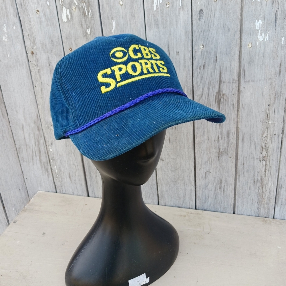 Vtg CBS Sports Blue Corduroy Rope Trucker‎ Hat Cap Leather Strap Back Vintage